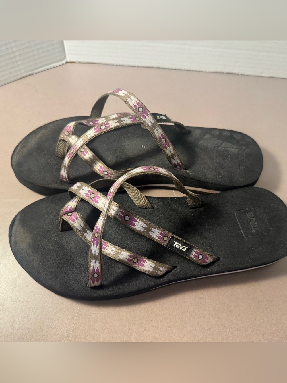 Teva Women's Black Footbed Sandals with Pink and Tan Patterned Straps